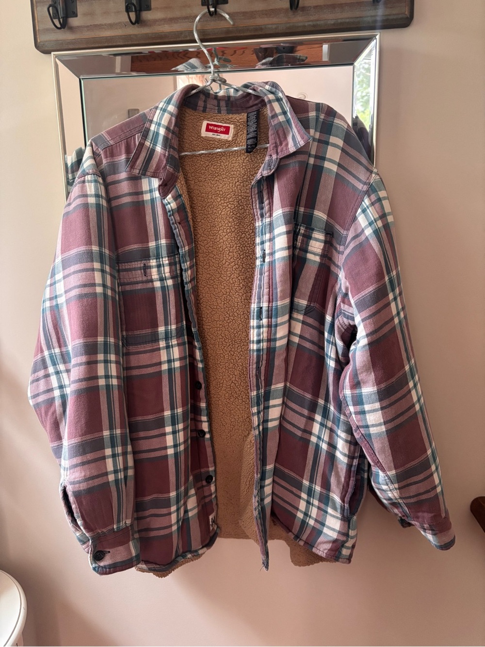 Wrangler Plaid Sherpa Jacket in Mauve, Teal & Cream